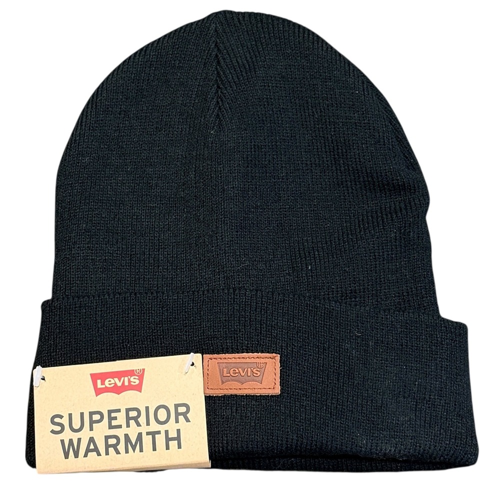 Levi's Beanie Hat‎ Men One Size Black NWT Faux Leather Logo Patch 45LV050015